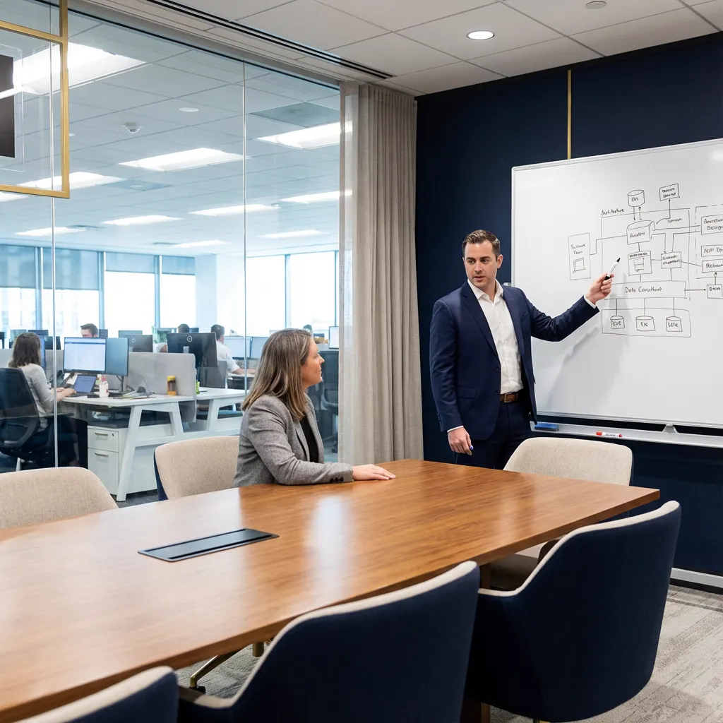 Consultant discussing data strategy on whiteboard in corporate office